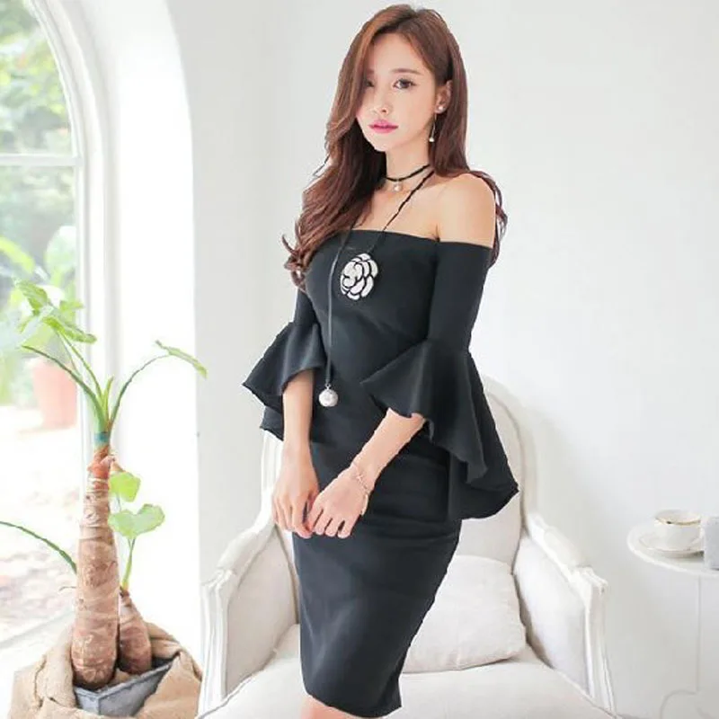 

Sexy Boat Neck Ruffle Sleeve Women Dress Satin Backless Elegant Party Chic Retro Dress Black Burgundy Mermaid Party Dresses