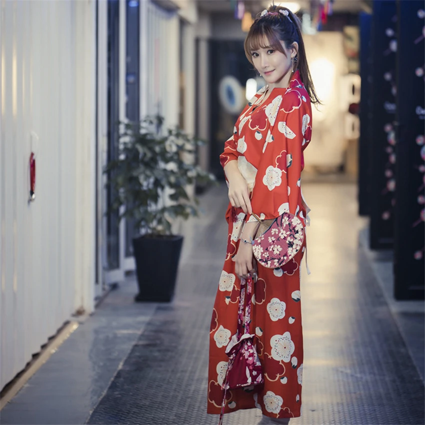 Japanese Traditional Kimono Yukata for Woman Sexy Floral Printed Evening Party Dress Obi Photography Elegant Sakura Cosplay