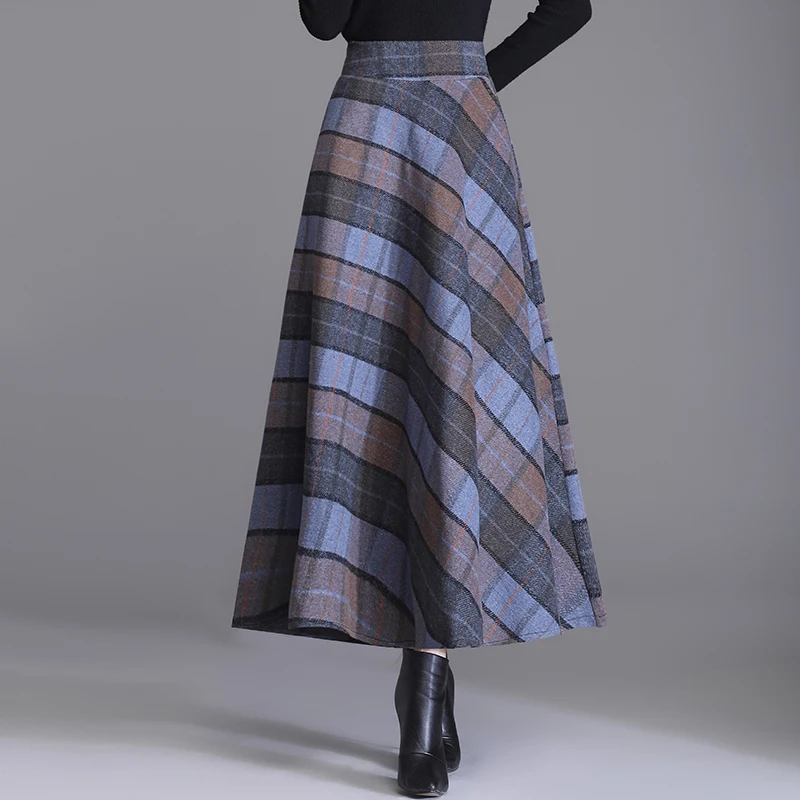 

Autumn Winter Woolen Skirt Thick Plaid Skirts Women New High Waist Red Blue Green Style Dresses Length Pattern Type Age Material