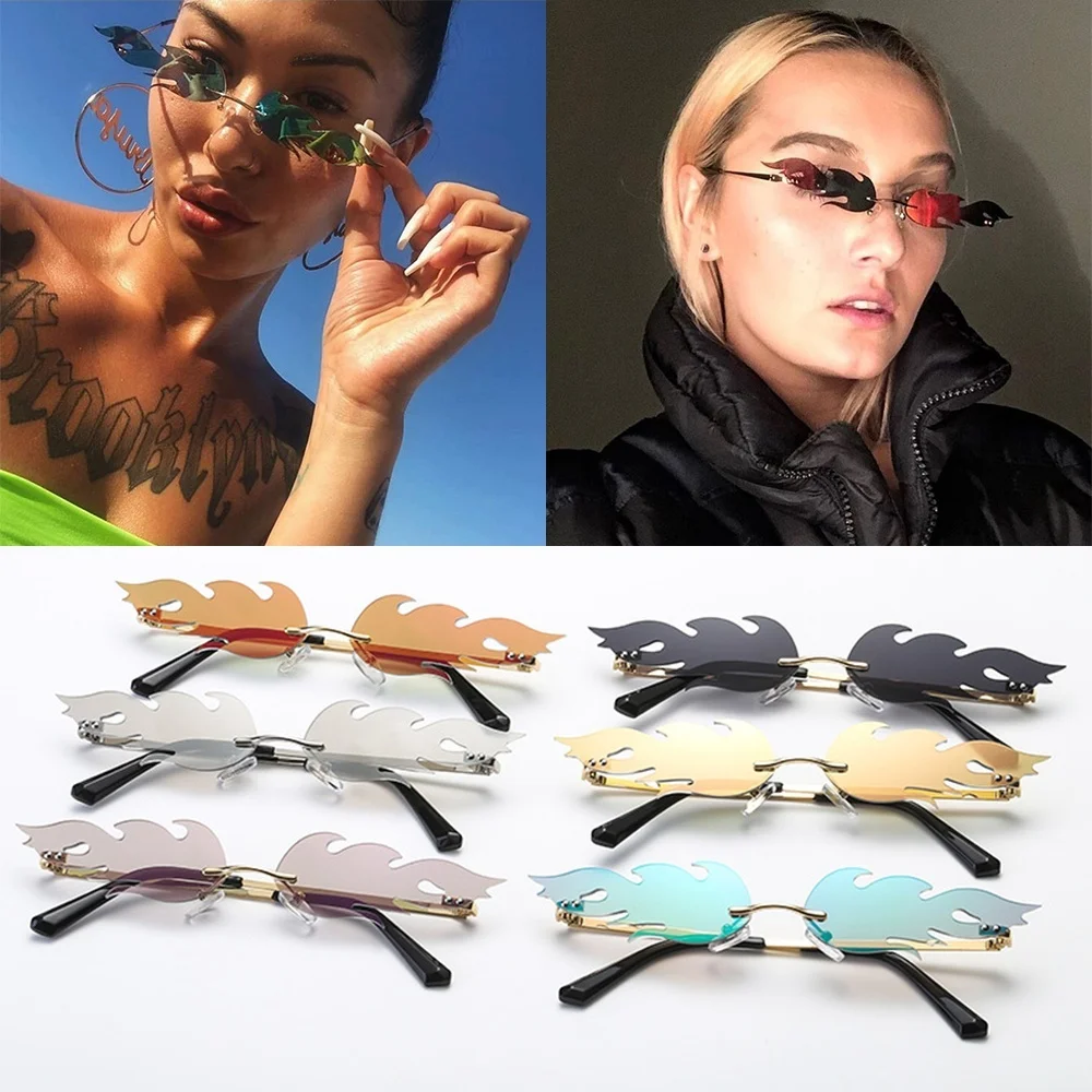 

Luxury Cat Eye Sunglasses Women Vintage Brand Designer Rimless Fire Flame Sun Glasses Trending Mirror Lens Narrow Eyewear UV400