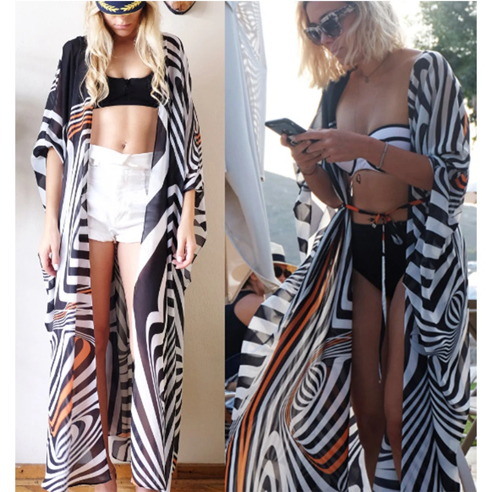

Zebra-Print Chiffon Beach Cover Up Tunics Long Kaftan Bikini Kimono Robe De Plage Sarong Beach Swimsuit Coverup Women Beachwear