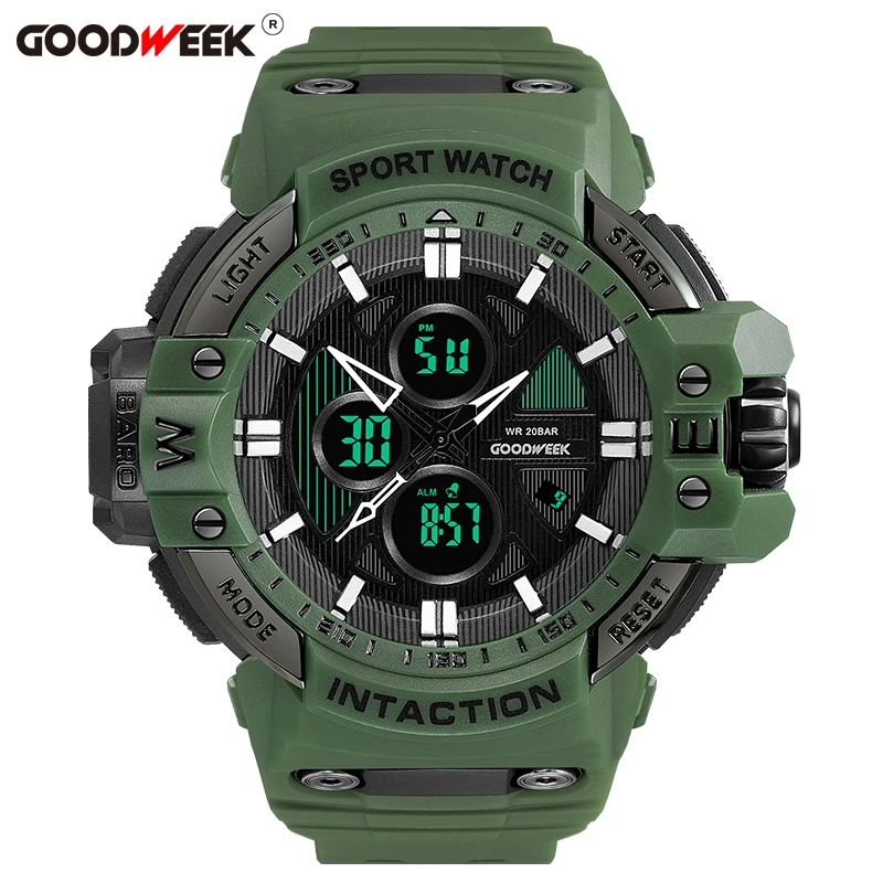 army green GOODWEEK многофункциональные военные мужские спортивные часы водонепроницаемые ударные светодиодные цифровые часы двойной дисплей часы Reloj Hombre - Цвет: army green