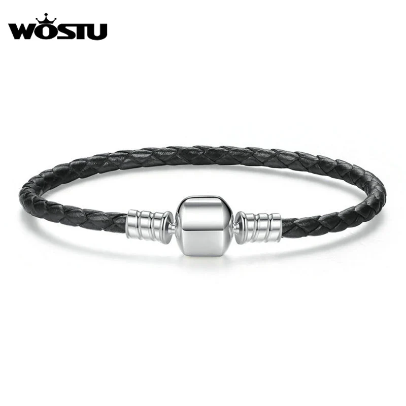 

2019 New 100% 925 Sterling Silver & Real Black Leather Chain Charm Fit Bracelet For Women Men Original Fine Jewelry XCHS911