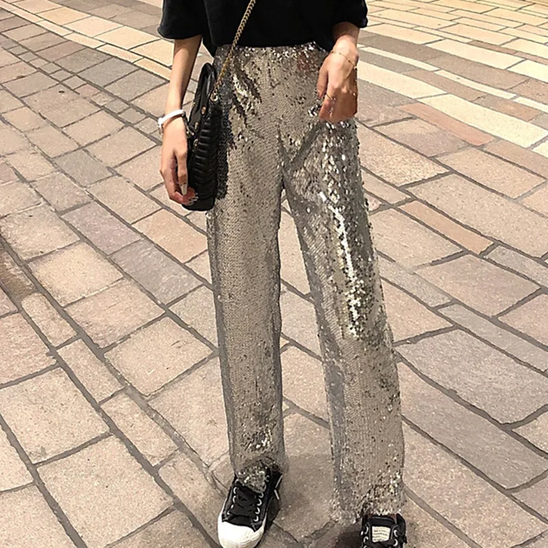 2021 Fashion The New Loose Buling Sparkling Sequin Wide Leg Slim Leisure Pants Free Shipping | Женская одежда