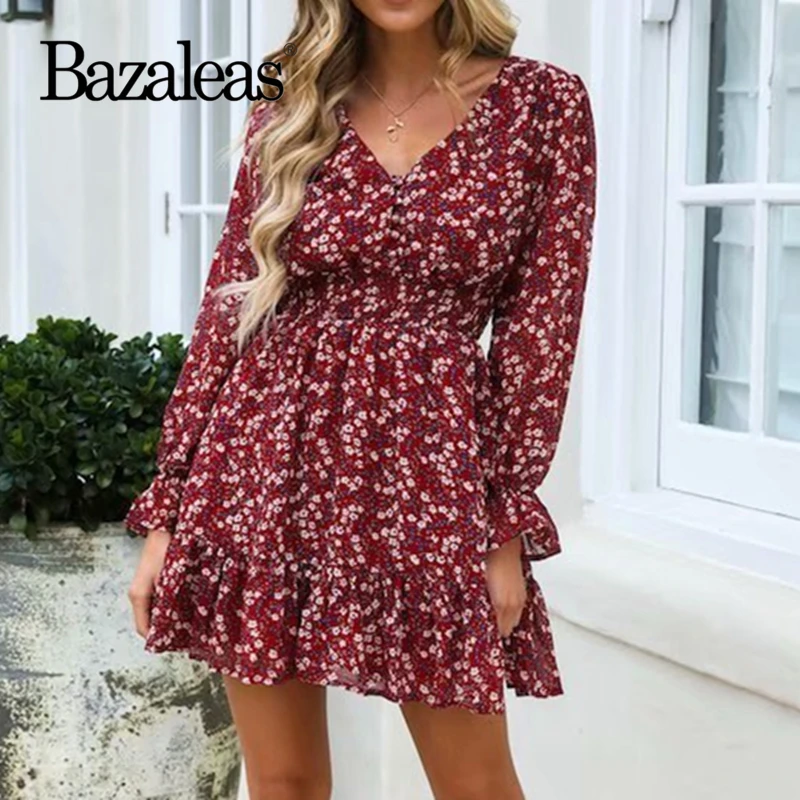 Платье женское Винтажное с длинным рукавом V образным вырезом и цветочным