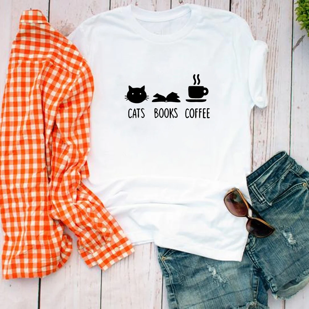 Футболка женская хлопковая с рисунком кошки книги кофе | Женская одежда