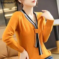 2021 spring autumn new 100 pure wool sweater womens v neck streamer thinner commuter ol solid color pullover bottoming shirt