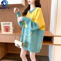 women o neck loose cartoon jacquard stretch pullover sweater 2021 new autumn elegant knitted long sleeve thick sweater clothes