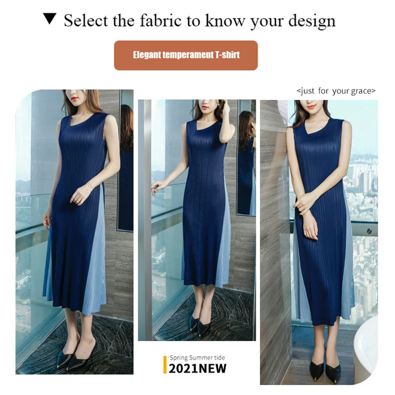

Pleated 2021 Summer Women's Dress Female Temperament Sleeveless Dress Design Loose V-neck Stitching Long Skirt