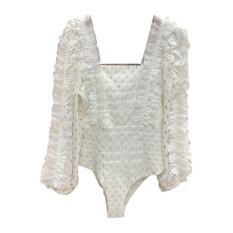 VGH sexy print dot bodysuit for women square casual ruched long lantern sleeve high waist lace jumpsuits female fashion clothing