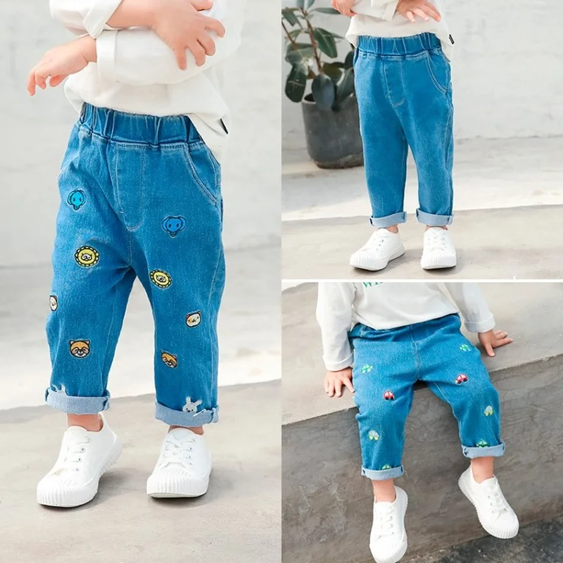 

2021 Newborn Cartoon Printing Jeans Trousers Baby Boy Tinycottons Loose Denim Pants Elasticated Waist Jeans for Baby Girls 6-36m