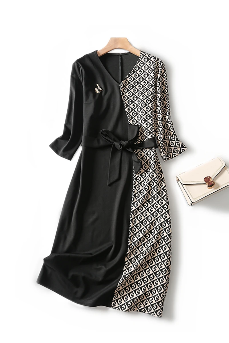 Ретро контрастный v образный вырез элегантный и благородный пояс на талии