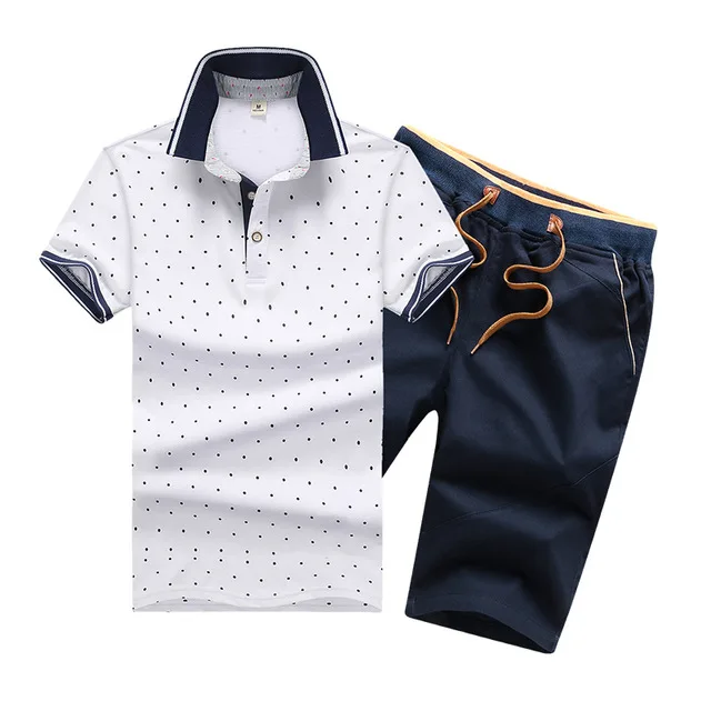Для мужчин комплект Повседневное летние однотонные Slim Fit костюм Для мужчин s поло+ шорты, комплекты из 2 предметов Нью-Джерси Фитнес спортивный костюм для мальчиков, из дышащего материала - Цвет: FK082 White DBlue