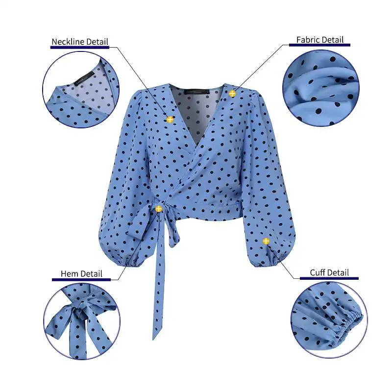 

Women Fashion Polka Dot Long Puff Sleeve Shirts Celmia 2021 Spring Sexy V Neck Short Tops Casual Streetwear Bandage Blusas Tunic