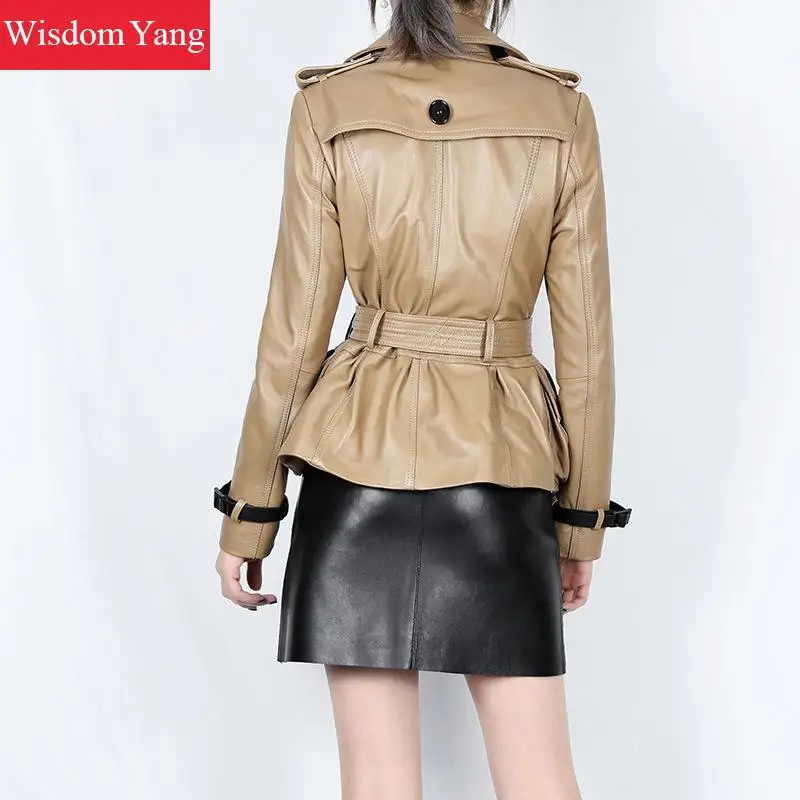 Autumn Khaki Sheepskin Genuine Leather Jackets Short Womens Coats Ladies Tops Trench Jacket Coat Slim Female Overcoat Outerwear