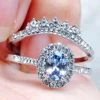 paired silver color lake blue cz rings set for women princess promise wedding party engagement couple ring jewelry gift