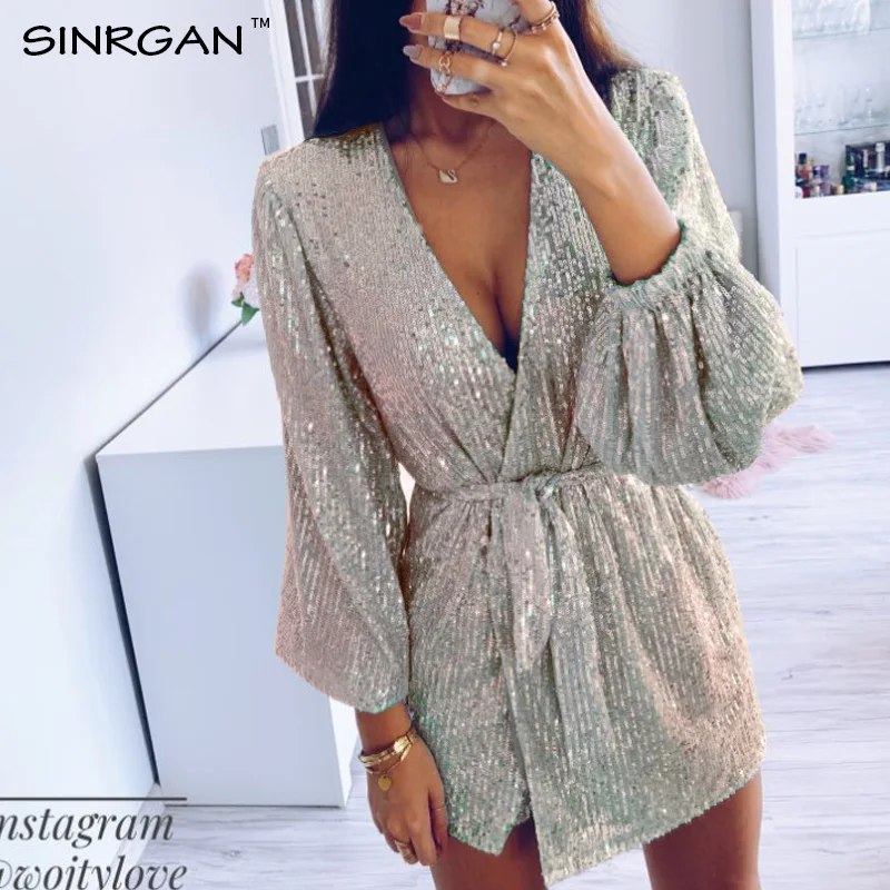 Женское вечернее платье с блестками NANKEY вечерние серебристое V образным вырезом