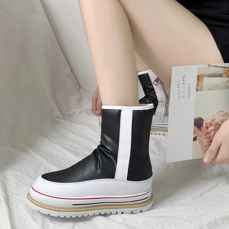 Rimocy Chunky Platform Mid Calf Boots Women Silver Pu Leather Waterproof Shoes Woman Fashion Mixed Color Zipper Mujer |