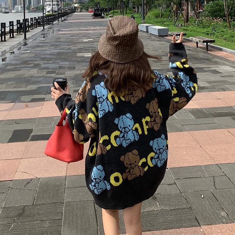 

Black Bear Jacquard Designer Woman Sweaters O-Neck Cotton Warm Winter Pullovers Loose Oversized BF Girls 2020 Streetwear Casual
