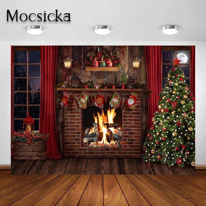 

Mocsicka Christmas Fireplace Backdrops for Photography Rustic Brick Fireplace Xmas Tree Indoor Holiday Portrait Photo Background