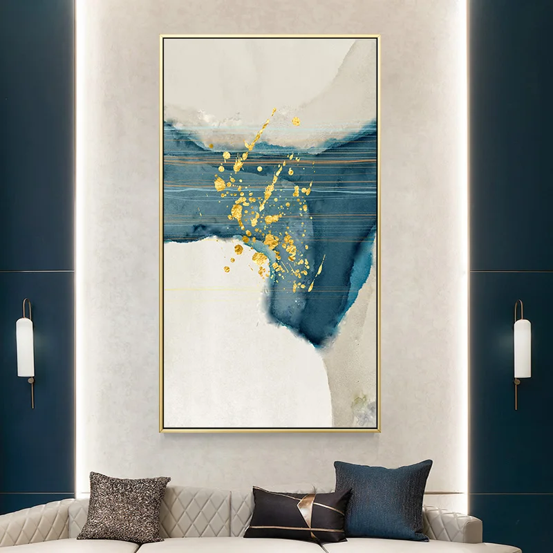 Настенная картина в нордическом стиле с изображением синей реки и золотой волны