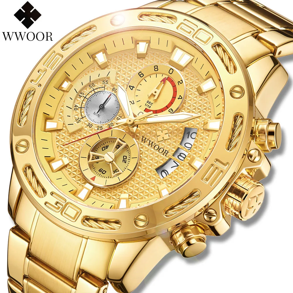 Relogio Masculino Mens Watch WWOOR 2021 Top Brand Luxury Full Gold Stainless Steel Chronograph Sport Waterproof Quartz Watch Men