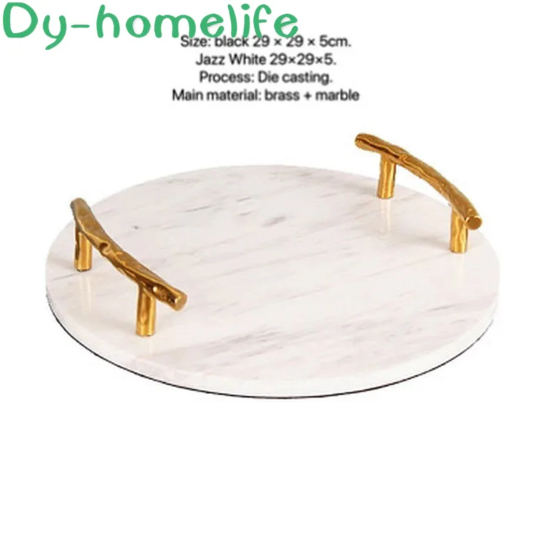 

Nordic Metal Handle Round Black White Marble Tray Home Decoration Storage Supplies Coffee Tea Set Dessert Jewelry Outline Tray