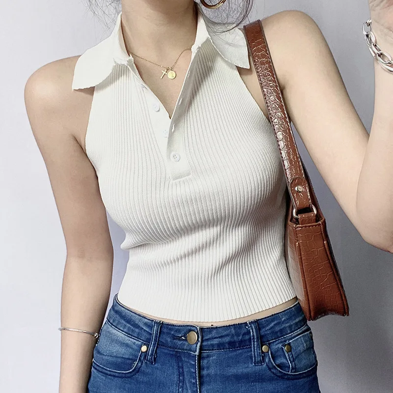 

Summer Sexy Knitted Tanks Women Lapel Halter Vest Crop Top Buttons Fashion Solid Color Backless Exposed Navel Camisole Tank Tops