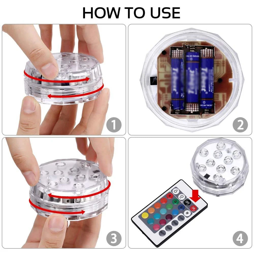 

2PCS Submersible LED Light Underwater Disco Hot Tub 10 LED With Remote RGB For Pond Pool Vase Base Fish Tank Party Decoration