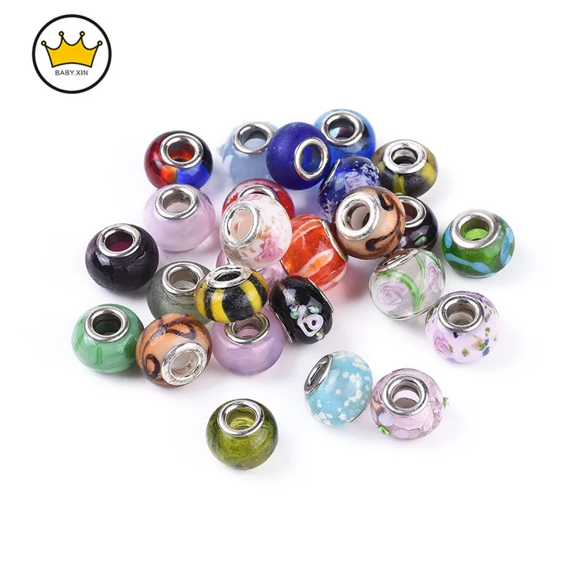 

100 шт./лот смешанные лэмпворк бусины с большим отверстием Цветная глазурь свободные бусины 14-16 мм Подходит для европейских шармов браслет ру...