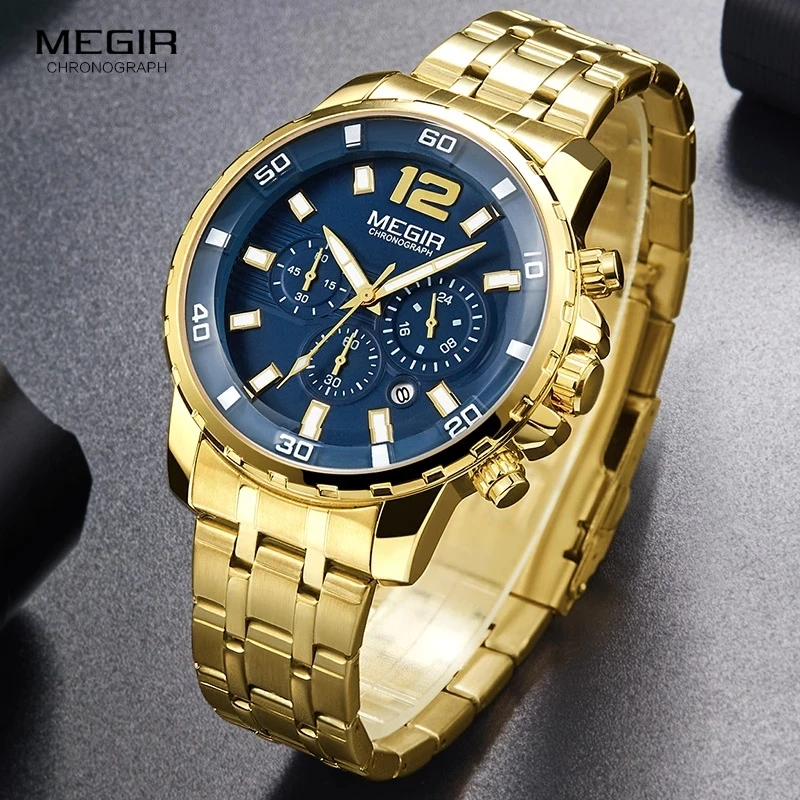 

MEGIR Men's Watch Top Brand Luxury Gold Steel Band Multifunctional Chronograph Luminous Waterproof Calendar Quartz Men's Watches