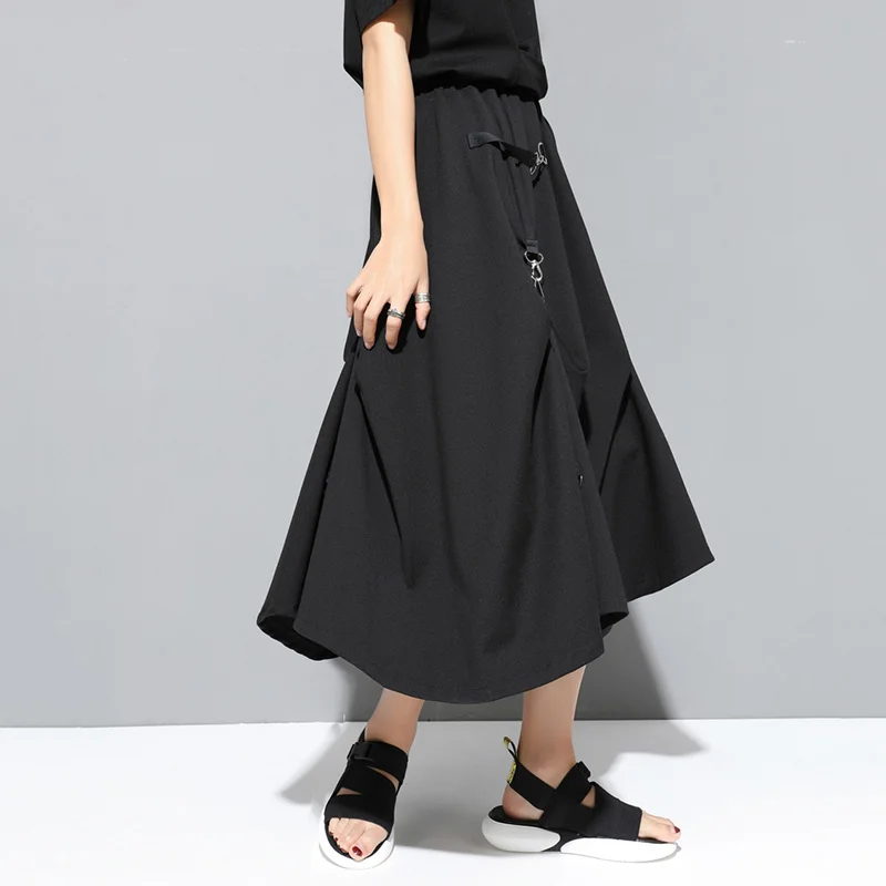

[EAM] 2021 New Spring Summer High Elastic Waist Black Buckle Split Joint Personality Half-body Skirt Women Fashion Tide JS995
