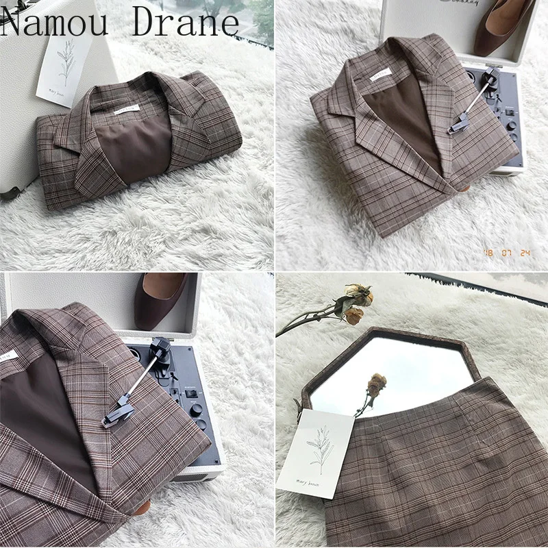 

2020 Retro Plaid Blazer Set Single-breasted Jacket & Pencil Skirt 2 Pieces Skirt Suit Female Office Ladies Blazer Suit