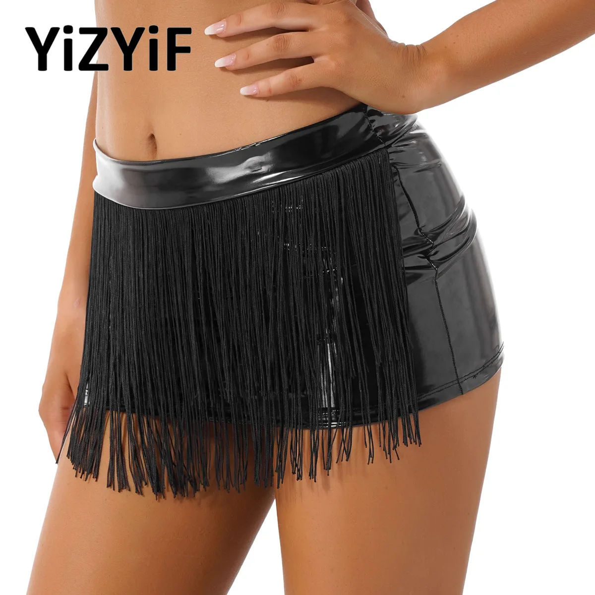 

Women Hot Sexy Patent Leather Fringed Bodycon Miniskirt Elastic Wet Look Clubwear Erotic Fantasy Tassel Skirt for Pole Dancing