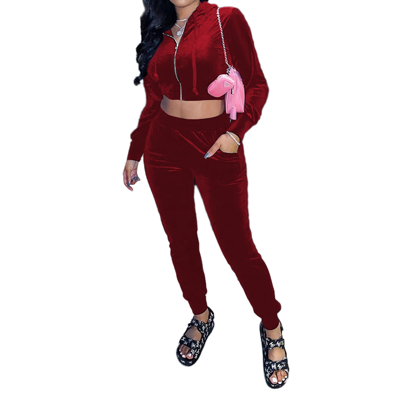 

2 Pcs Women Solid Color Outfits, Adults Long Sleeve Hooded Crop Top with Drawstring + Trousers with Slant Pockets