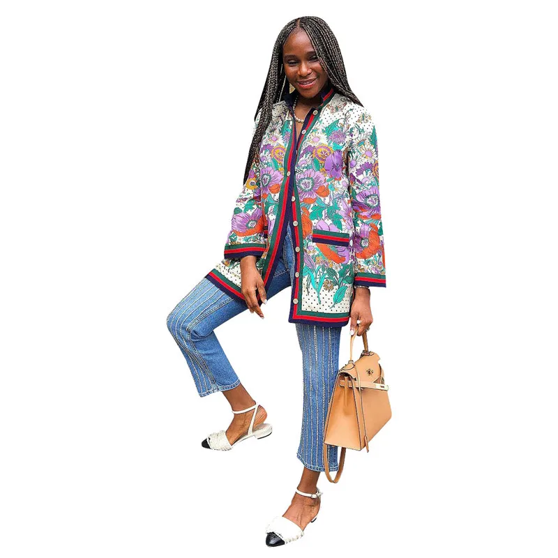 Женский тонкий кардиган с длинным рукавом однобортная рубашка цветочным принтом