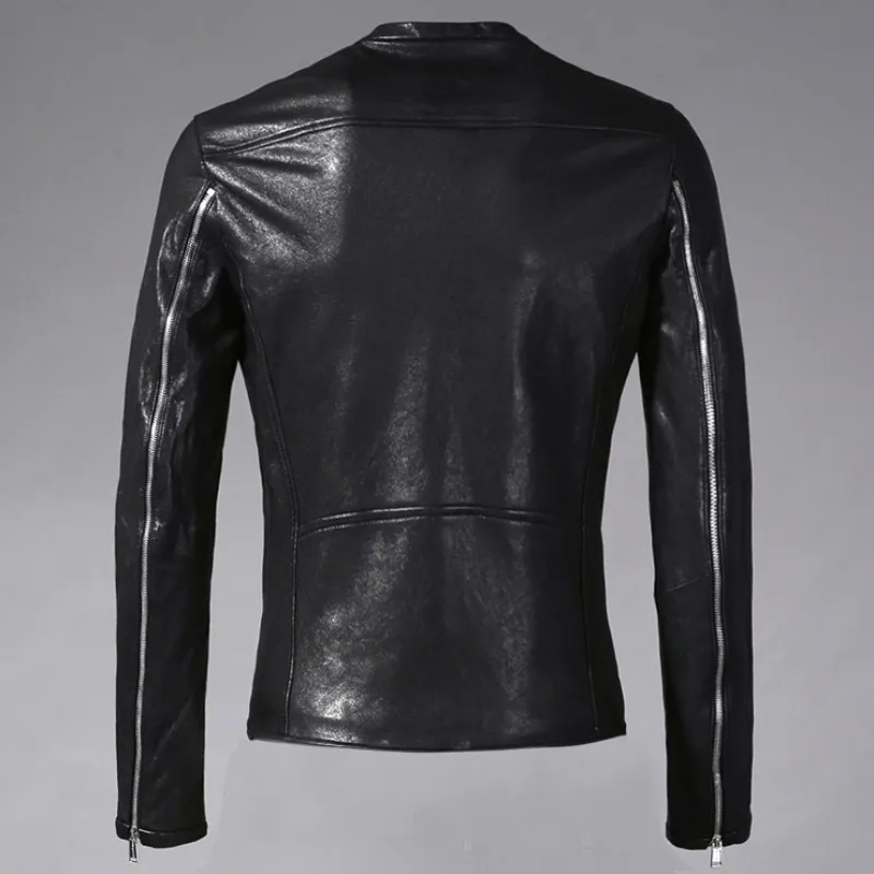 

Mens Multi Fashion Zippers Slim Fit Short Real Gost Leather Coat Rock Man O Neck Punk Style High Quality Genuine Leather Jacket