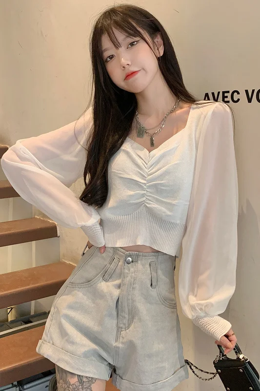 

Real Shot Square Collar Pleated Slim-Fit Chiffon Long Sleeve Stitching