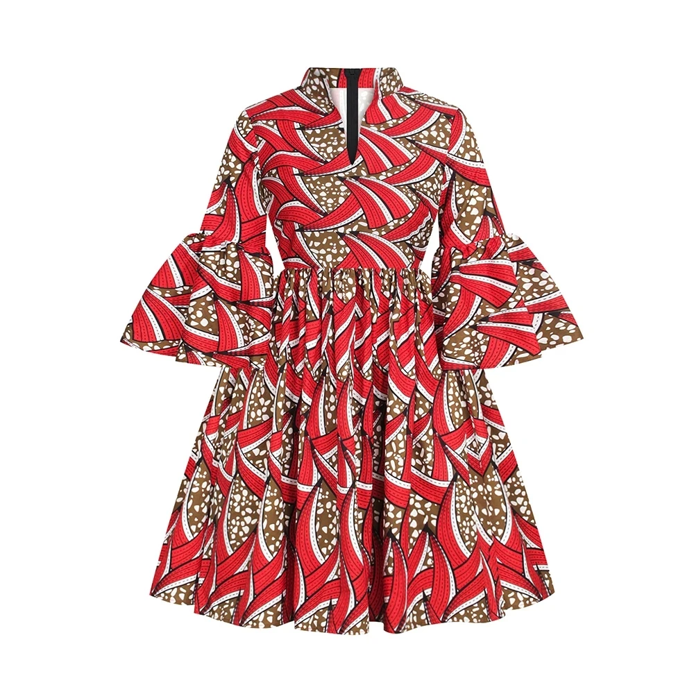 

2021 Dashiki African Print Dresses Women Ankara Ruffle Sleeve Dress Elegant Lady Party Outfits European Clothing Boubou Robe