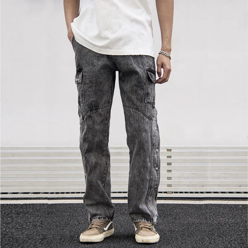 Korean Fashion Side Button Vintage Grey Men Hip Hop Jeans Trousers Washed Straight Casual Denim Pants Elegant Pantalon Homme