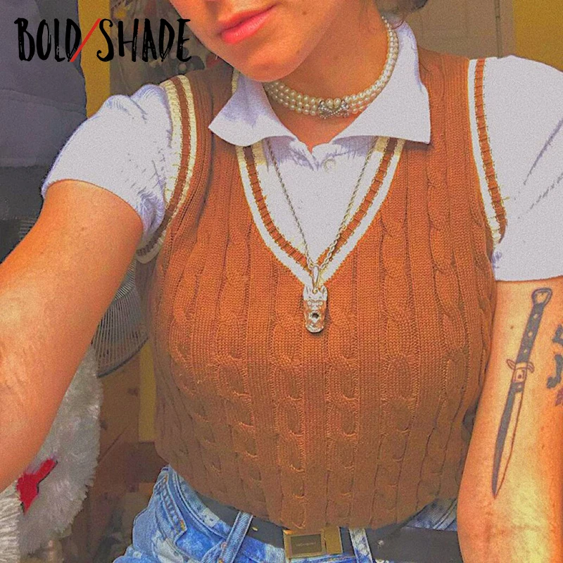 

Bold Shade Knit Patcwork Women Sweater Vest Indie Retro Style Y2K Street Fashion Pullover Sweaters Basic Fairy Grunge Autumn Top