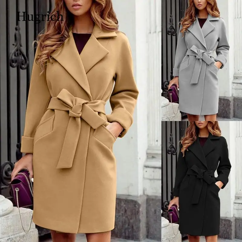 

Women Long Sleeve Outerwear Simple Lace Plain Long Cardigan Elegant Lapel Coats Wool Blends Jacket Tops Autumn Winter Novelty
