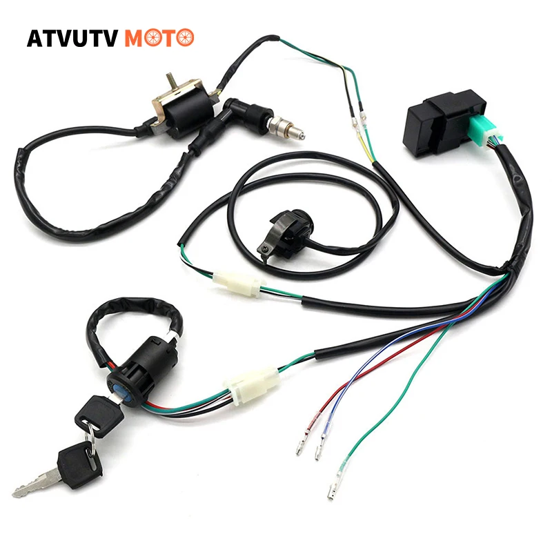 

Wire Harness Ignition With Key Coil CDI Kill Switch Spark Plug For ATV 50CC 70CC 90CC 110CC-160cc Buggy Go Kart