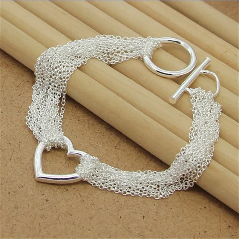 

New 925 Sterling Silver Bracelet Multi-Line Tassel Heart Silver Bracelet For Woman Charm Jewelry Wedding Gift