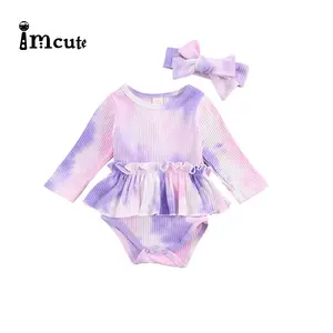 Imcute Fall Girls Tie-dye Clothes Set Toddler Long Sleeve Baby Tutu Skirts Jumpsuit + Bow-knot Headband for Baby Girls Bodysuits