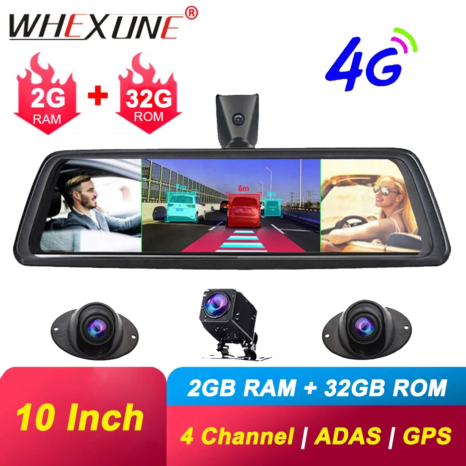 Видеорегистратор WHEXUNE автомобильный на зеркало заднего вида 10 дюймов 4G 2 + 32 ГБ 4