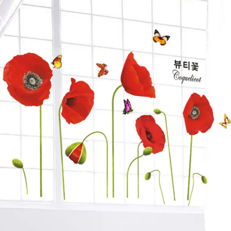

Korean Style Red Poppy Flowers PVC Removable DIY TV Background Wall Stickers Parlor Kids Bedroom Home Decor House Mural