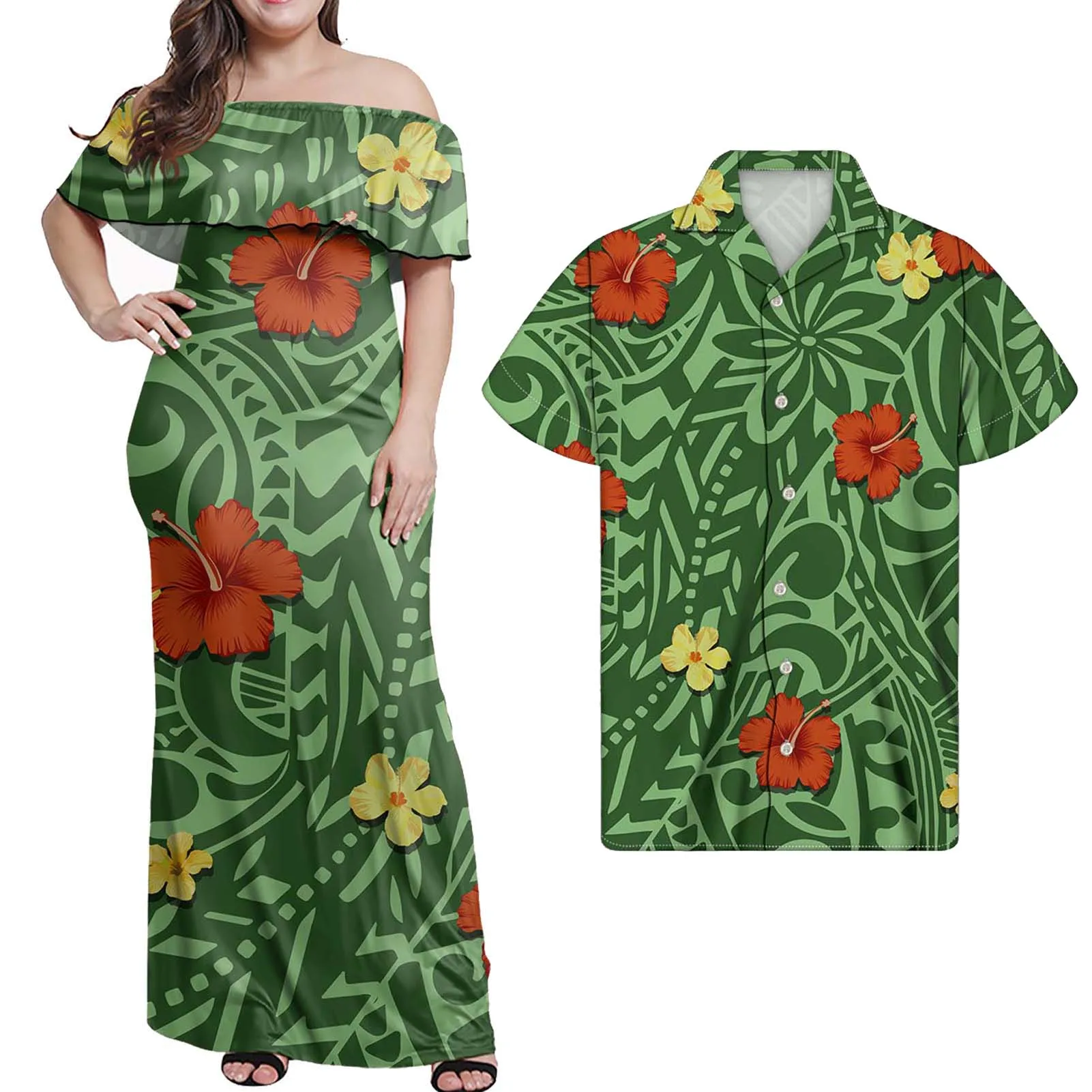 

Hycool Green Temperament Strapless Floral Dress Polynesian Tribe Long Maxi Hawaiian Couple Suit Summer Ruffle One-Shoulder Dress