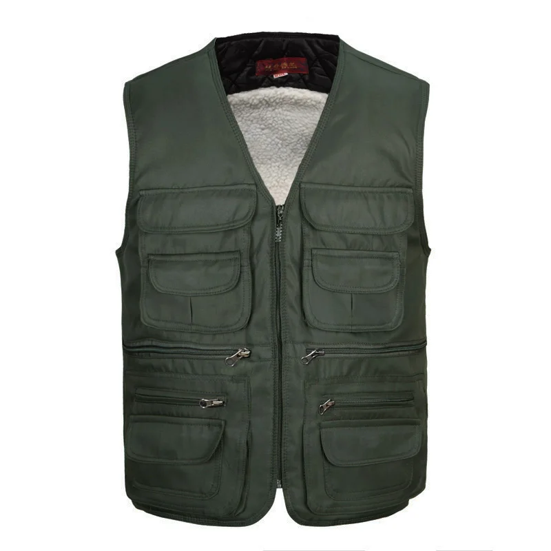 

Fleece Winter Vest Mens Multi Pockets Spring Autumn Waistcoat Photographer Fishing Casual Warm Sleeveless Jacket Plus Size 4XL