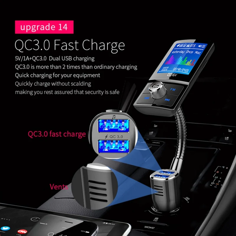 Aux usb bluetooth fm-передатчик модулятор цветной экран MP3 беспроводной Bluetooth громкой связи автомобильный комплект с QC3.0 двойное зарядное устройство usb